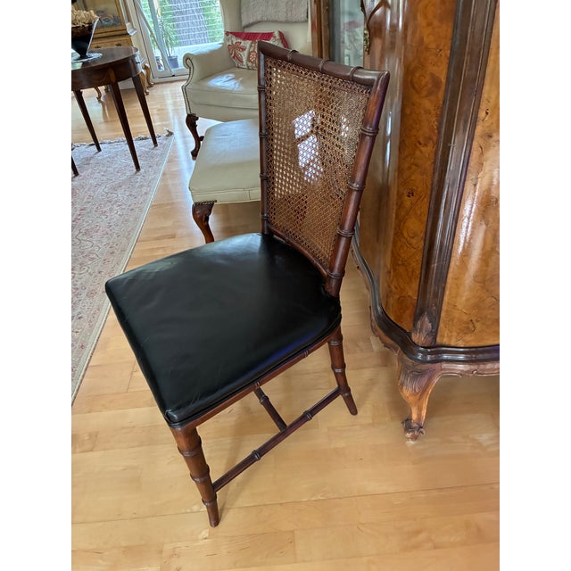 Lovely MCM Karges Accent Chair. All original. Cane back, leather seat. Karges label. Chinoiserie style. Made in USA