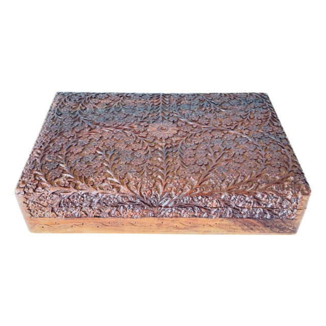 Antique Anglo-Indian Kashmir Hand-Carved Wood Jewelry Box Velvet Lined 1920s For Sale