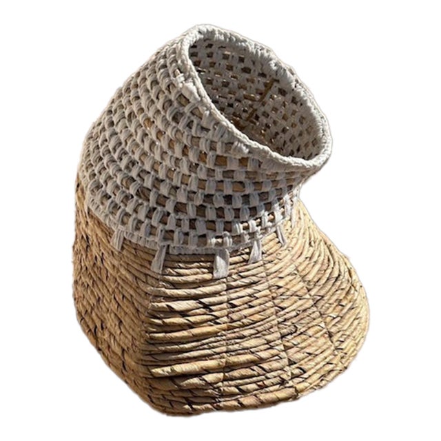 Large Handwoven Seagrass Basket With White Woven Rim For Sale
