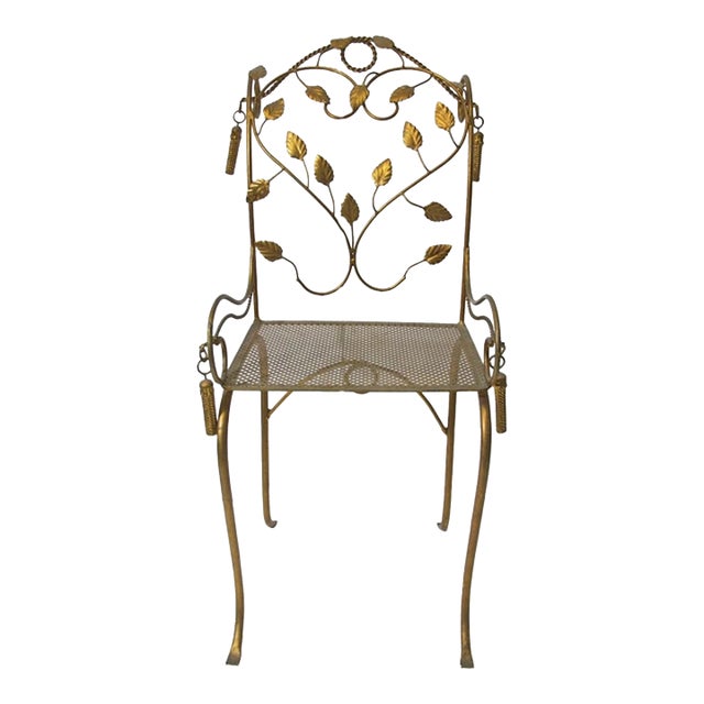 Vintage Italy Toleware Gold Tassel & Leaf Design Petite Chair For Sale