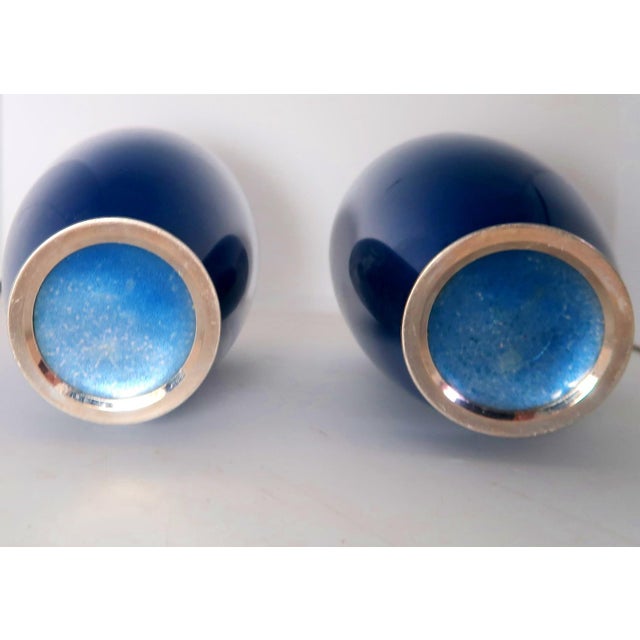 Pair of Antique Japanese Cloisonné Cobalt Blue Enamel Vases With Cherry Blossom and Foliage Motif. For Sale - Image 4 of 8
