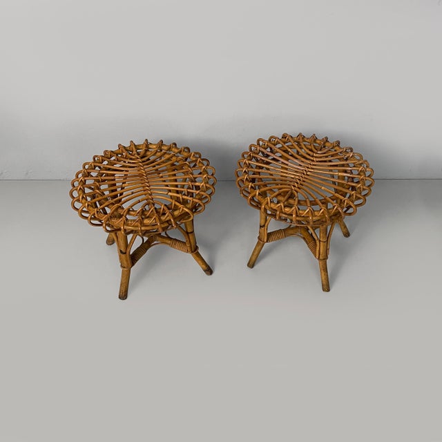 Mid-Century Modern Mid-Century Modern Italian Round Stools in Rattan, 1960s, Set of 2 For Sale - Image 3 of 13