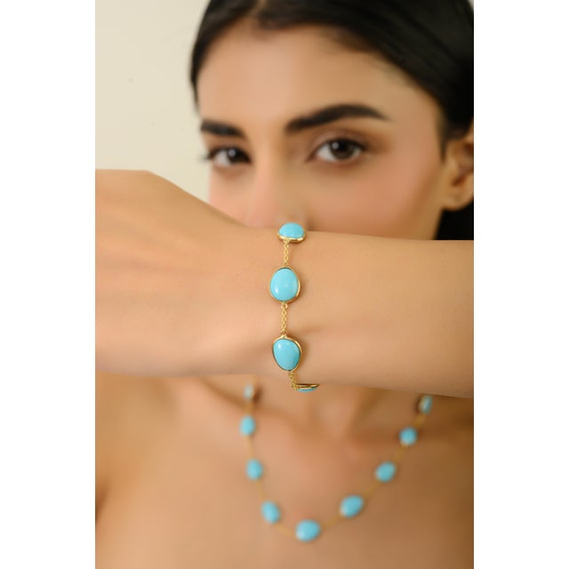 Not Yet Made - Made To Order Classic 13.7ct Turquoise Cabochon Bezel Set Station Bracelet in 14k Yellow Gold For Sale - Image 5 of 13