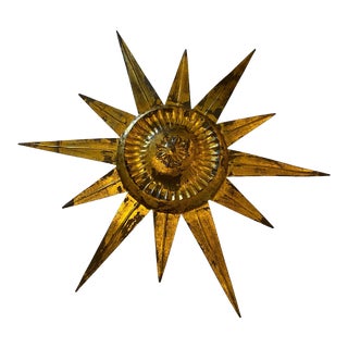 Large Oliver Messel, 1960s Statement Gilt Metal Flush Mount Sunburst Light With Ceiling Rose For Sale
