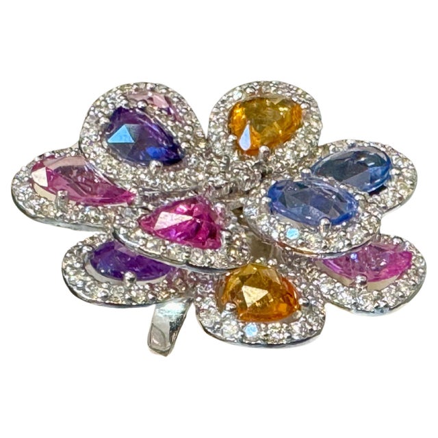 11 Ct Fine Multi Sapphire & 3 Ct Diamond Cocktail Flower Ring in 18 Kt Gold 6.5 For Sale - Image 15 of 18