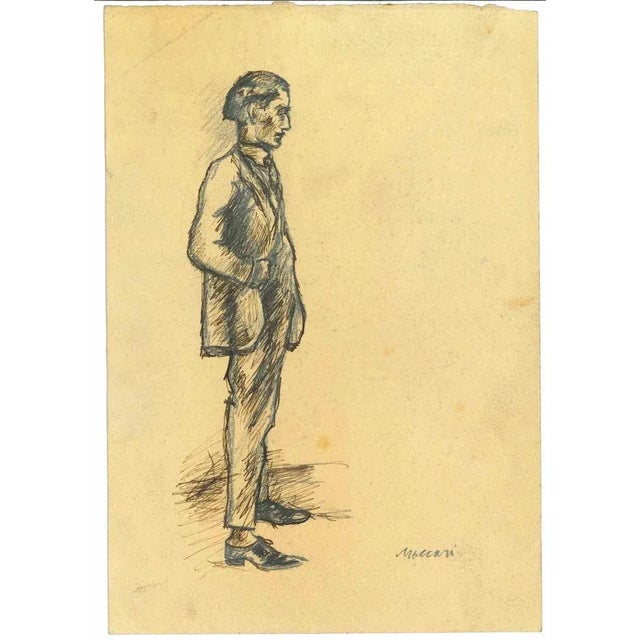 The Standing Man is an original Drawing in pencil on creamy-colored paper realized by Mino Maccari in mid 20th century....