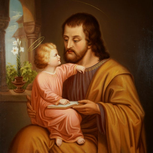 Antique oil on canvas painting portraying Saint Joseph with the child Jesus, as they read together from scripture....