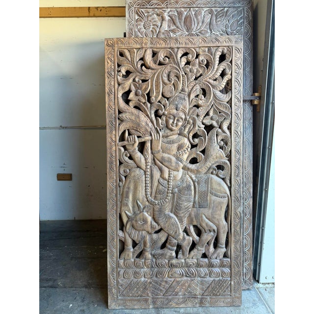 Mid-Century Modern Antique Indian Hand-Carved Krishna Solid Wood Barn Door | Architectural Wall Panel 72x36 For Sale - Image 3 of 8