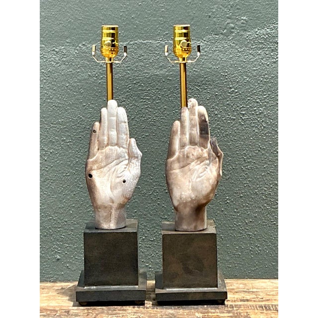Metal Vintage Ceramic Hand Sculpture Table Lamps - A Pair For Sale - Image 7 of 16