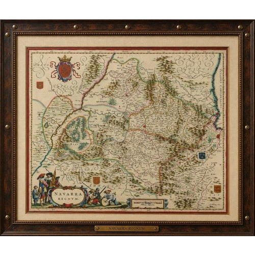 Blaeu Map of Navarra – Navarra Regnum, Decorative Pyrenees Chart, 1642 A finely engraved and highly decorative map of the...