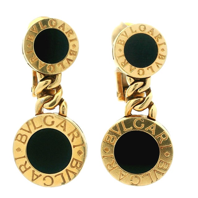 1990s Pair of Bulgari Bvlgari 18k Gold Black Onyx Drop Clip Earrings For Sale - Image 12 of 14
