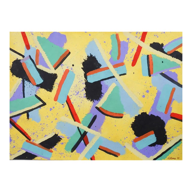 Vintage Abstract Expressionist Jerry Adams Painting on Paper in Yellow Blue Black For Sale