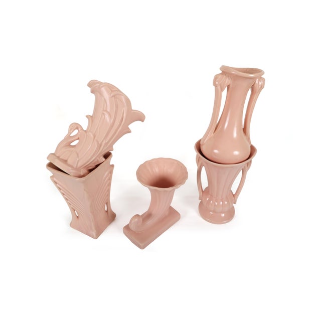 Ceramic Set of 5 Vintage McCoy Vases in a Pink Matt Glaze For Sale - Image 7 of 18