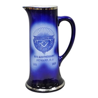 Antique 1913 60th Anni Northern Lodge No. 25 Masonic Cobalt Blue Ceramic Pitcher For Sale