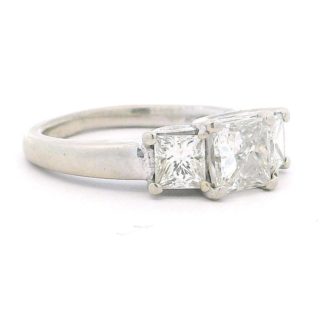 Vintage Three-Stone Princess Cut Diamond Ring, 14k White Gold, 1.75 Carats, Size 4.5 For Sale - Image 9 of 11