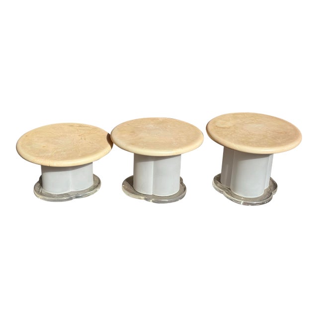 1970 Peach Raisin Mushroom Lucite Base Set of 3 For Sale