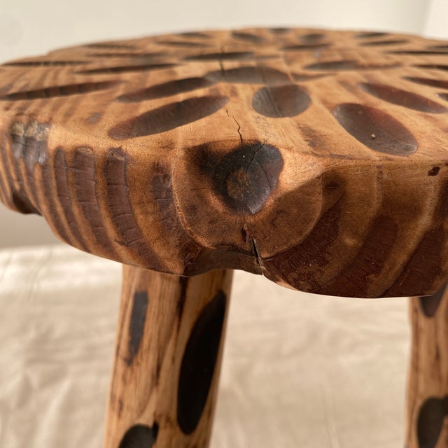 Vintage Brutalist Hand Carved Tripod Milking Stool For Sale In Dallas - Image 6 of 12