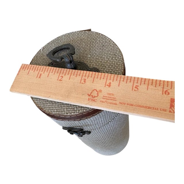 Late 20th Century Rustic Wine Bottle Case With Woven Fabric & Brown Stitched Trim, Cylindrical Wine Gift Box, Metal Ring Handle For Sale - Image 11 of 11
