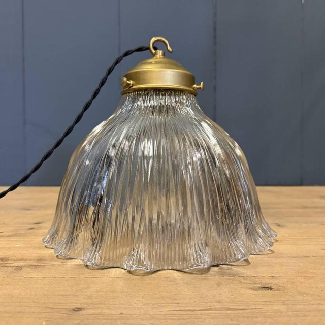 Pressed Glass Pendant Lamp with Brass Fixture from Holophane, 1930s For Sale - Image 11 of 15
