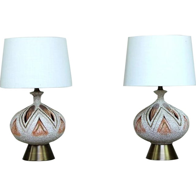 Mid Century Chalkware Lamp Pair Sculptural Textured Atomic Orange White Gold For Sale