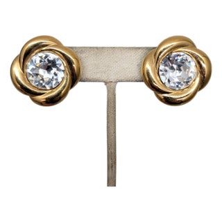 Vintage C 1989 Signed Napier Goldtone Round Clear Rhinestone Pierced Earrings-2 Pieces For Sale