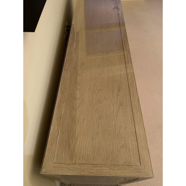2020s Restoration Hardware French Contemporary Panel 4-Door Media Console Whitewashed Oak With Brushed Light Pewter Colored Hardware For Sale - Image 5 of 7