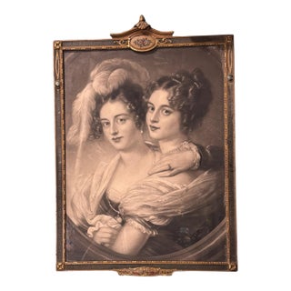 Antique Victorian Lithograph Reproduction Print of Two Ladies in an Art Deco Frame For Sale