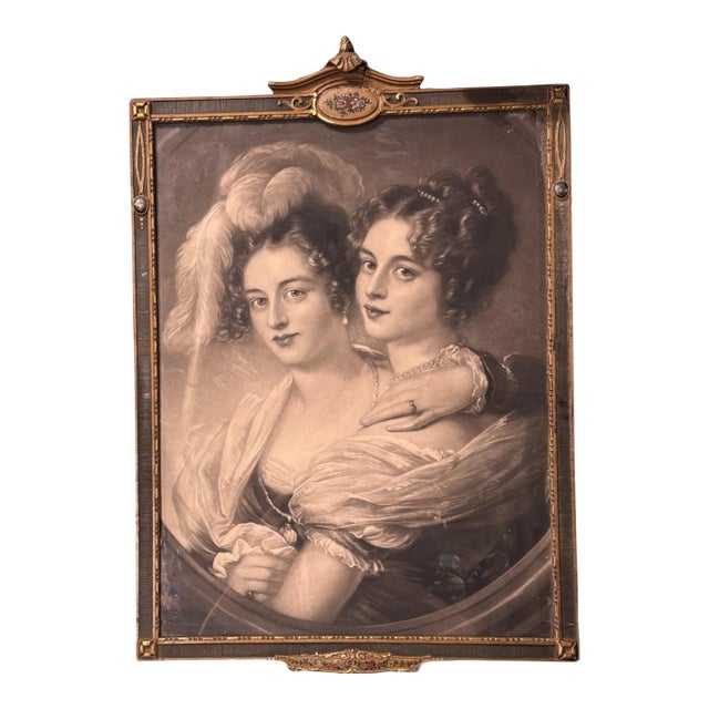 Antique Victorian Lithograph Reproduction Print of Two Ladies in an Art Deco Frame For Sale