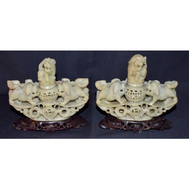 Chinese Chinese Hand Carved Soapstone Incense Burner Censer Koro Foo Dogs Lions Pair For Sale - Image 3 of 12