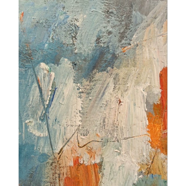 1980s 1986 Signed Abstract Painting in Blue and Orange With Solid Wood Frame For Sale - Image 5 of 7