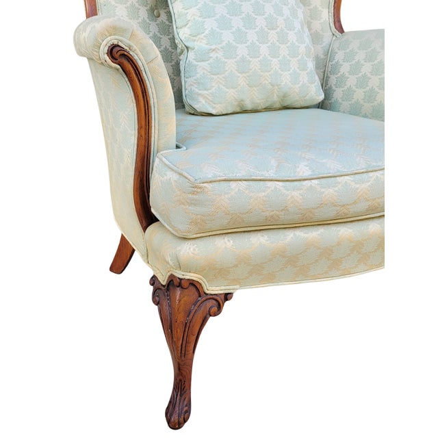 Light Green Vintage French Louis XV Style Carved Wood Wingback Bergère Chairs in Pale Green Damask – Pair For Sale - Image 8 of 12