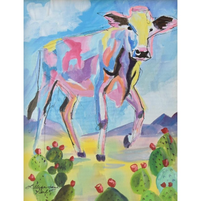 Original landscape impressionist painting of a cow on a stretched artist's canvas. Signed by the artist "Lillian Jane...