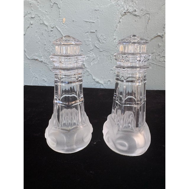 Vintage Lenox Full Lead Crystal Lighthouse Salt & Pepper Shakers, Frosted Base, Coastal Table Decor For Sale In Orlando - Image 6 of 8