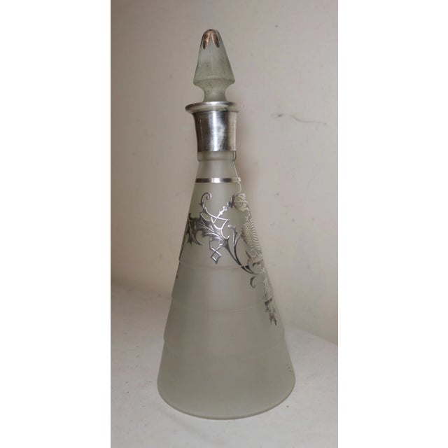Antique Sterling Silver Overlay Frosted Glass Liquor Claret Decanter Bottle For Sale - Image 9 of 12