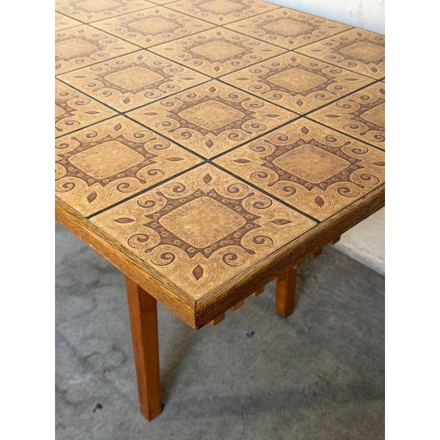 Vintage Danish Oak Coffee Table With Patterned Ceramic Tile Top and Slatted Shelf 1970s For Sale - Image 9 of 10