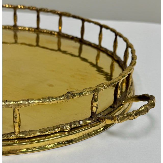 Metal Vintage Round Brass Faux Bamboo Rail Gallery Tray For Sale - Image 7 of 7