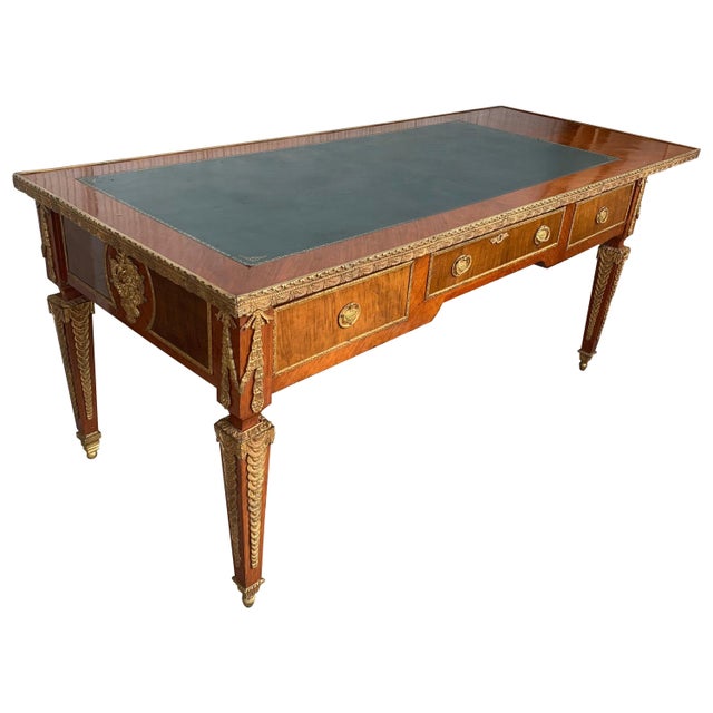 French Louis XVI Style Writing Desk Bureauplatt, Bronze Gilt Mounts Leather Top For Sale - Image 15 of 18