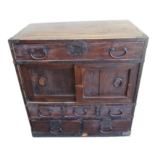 Early 20th Century Antique Japanese Wooden Tansu Chest 6 Drawer 2 Sliding Doors For Sale