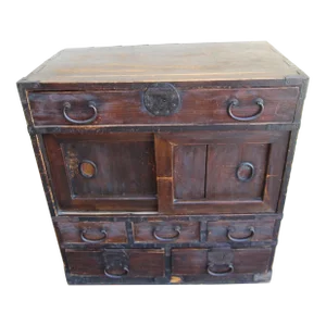 Early 20th Century Antique Japanese Wooden Tansu Chest 6 Drawer 2 Sliding Doors