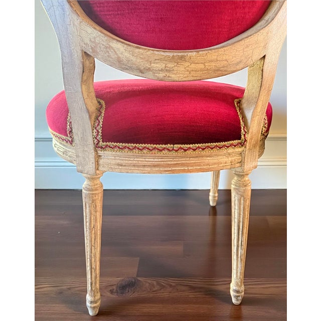 Ruby Red Pair French Velvet Silk Fabric Trim Custom Accent Chairs For Sale - Image 4 of 10