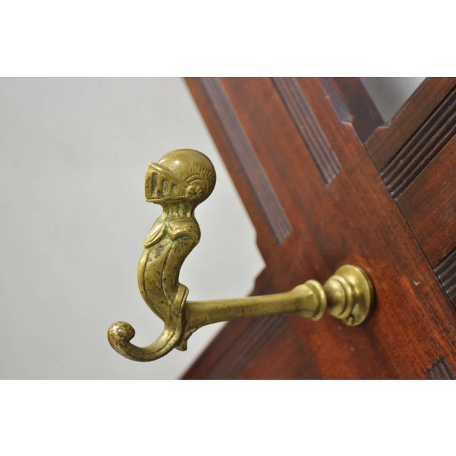 Brown Antique Victorian Mahogany X-Form Wall Coat Rack W/ Brass Knight's Helmet Hooks For Sale - Image 8 of 14