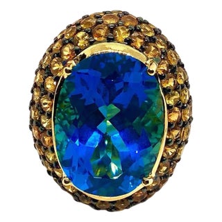 Bochic “Orient” Vintage Yellow Sapphire & Blue Topaz Ring Set 18 K Gold & Silver For Sale
