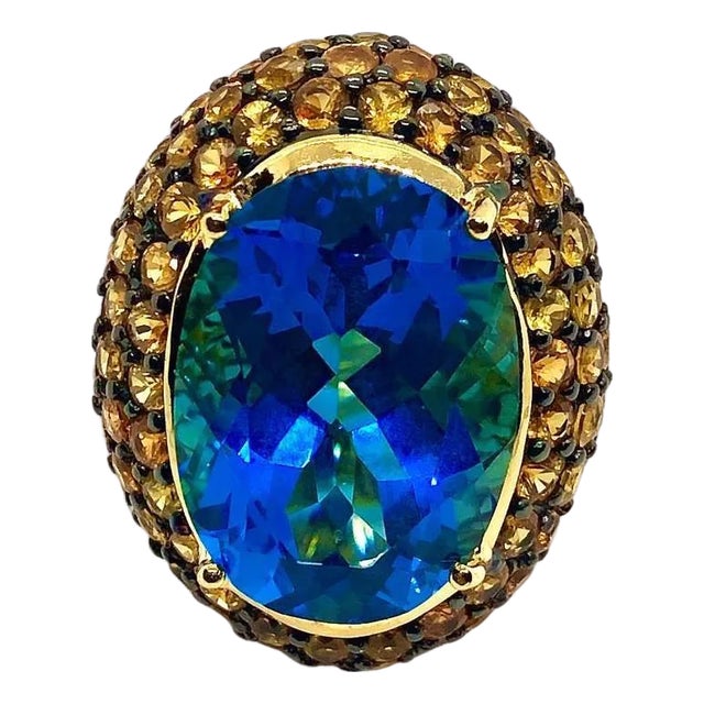 Bochic “Orient” Vintage Yellow Sapphire & Blue Topaz Ring Set 18 K Gold & Silver For Sale