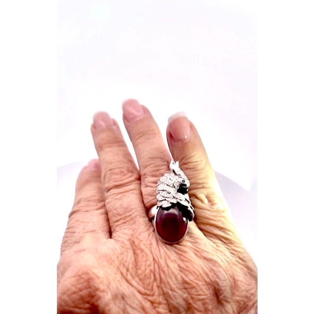 Large Oval Ruby Cabochon and Diamond Parrot Ring, Size 6.5 For Sale - Image 4 of 9