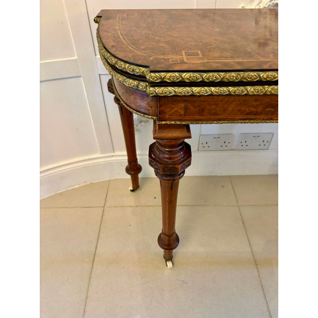 Antique Victorian Burr Walnut Card Console Table with Ormolu Mounts and Inlay, 1850 For Sale - Image 6 of 17
