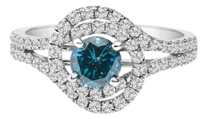 14K White Gold 1-1/3 Cttw White & Blue Diamond Interweaving Double Halo Cocktail Statement Ring (G-H and Fancy Blue Color, SI2-I1 Clarity) - Size 8