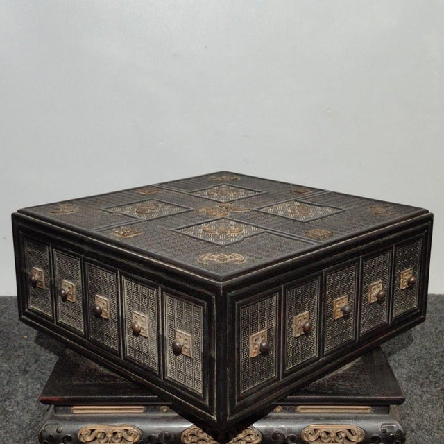 Antique Chinese Hardwood Jewelry Chest With Gilt-Bronze Inlay & Hidden Drawers For Sale - Image 9 of 9
