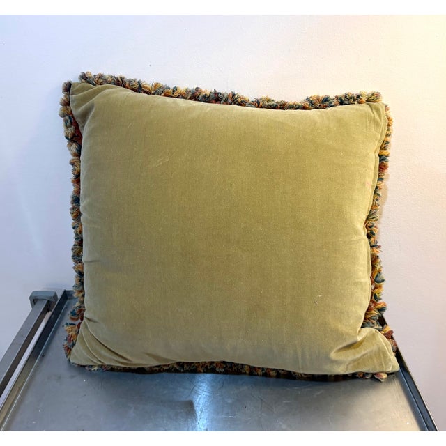 Oversized red/tan/green needlepoint down-filled pillow w/ fringed border and gold velvet backing. Excellent condition....