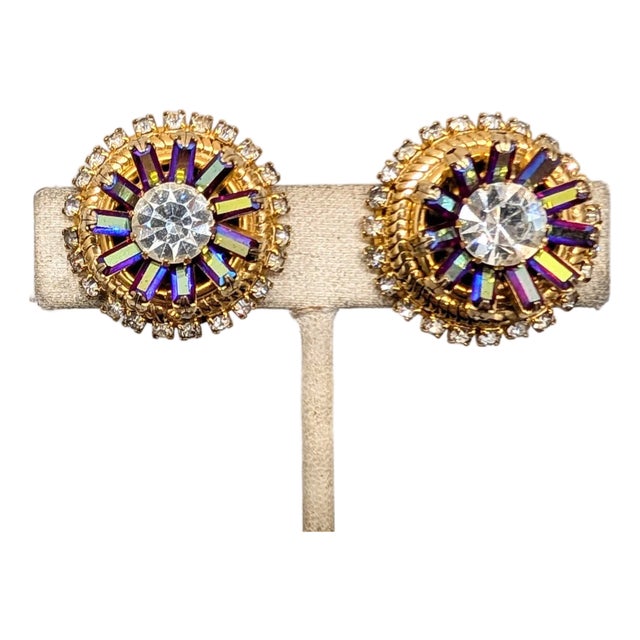 Vintage 1960s Signed Hobe Round Goldtone Red Aurora Borealis & Clear Rhinestone Clip Earrings-2 Pieces For Sale