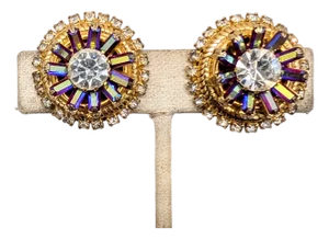 Vintage 1960s Signed Hobe Round Goldtone Red Aurora Borealis & Clear Rhinestone Clip Earrings-2 Pieces